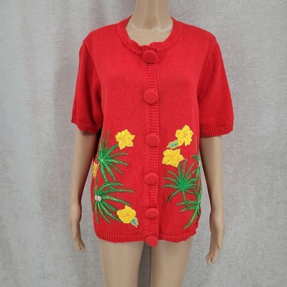 Designers Studio Red Short Sleeve Cardigan Tropical Flamingo Coastal Grandma - Picture 2 of 10